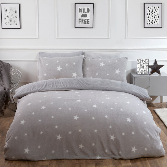 OHS Star Teddy Fleece Duvet Cover Set, Grey - King