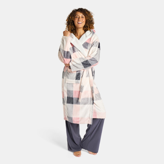 OHS Check Print Hooded Sherpa Fleece Dressing Gown - Blush