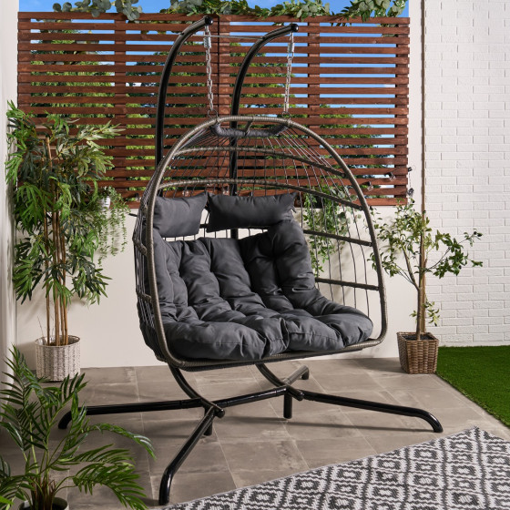 OHS Foldable Rattan Double Hanging Egg Chair - Grey