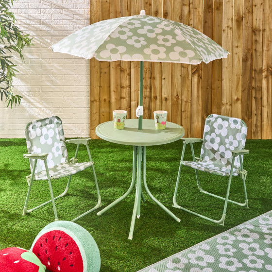 OHS Kids Daisy Print Bistro Set with Parasol - Sage/White
