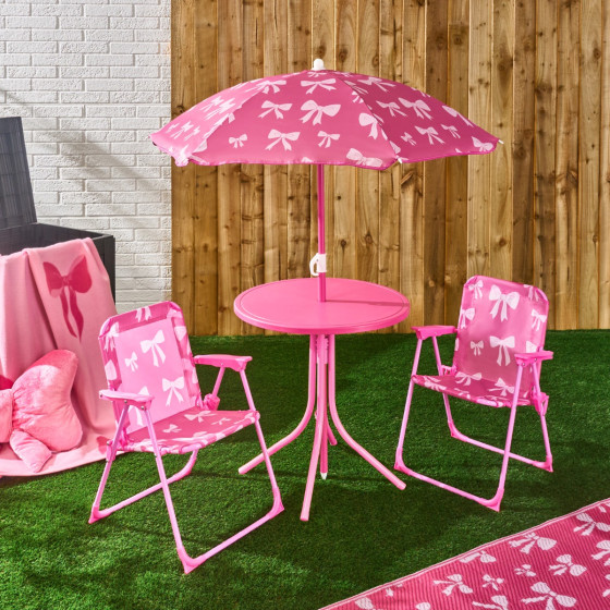 OHS Kids Bow Print Bistro Set with Parasol - Hot Pink