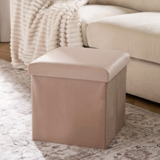 OHS Matte Velvet Foldable Cube Storage Ottoman - Natural