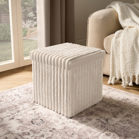 OHS Ribbed Foldable Cube Storage Ottoman - Cream