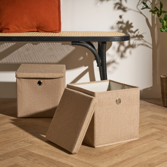 OHS 2 Faux Linen Storage Box With Lid, Natural - 2 Pack