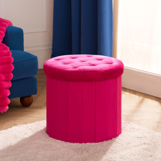 OHS Matte Velvet Foldable Round Storage Ottoman - Hot Pink 