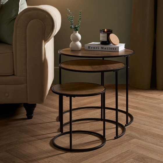 OHS Manhattan Nest of 3 Round Side Tables - Dark Wood
