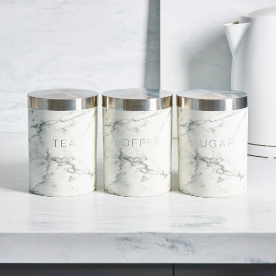 OHS 3 Piece Tea Coffee Sugar Canisters - White Marble