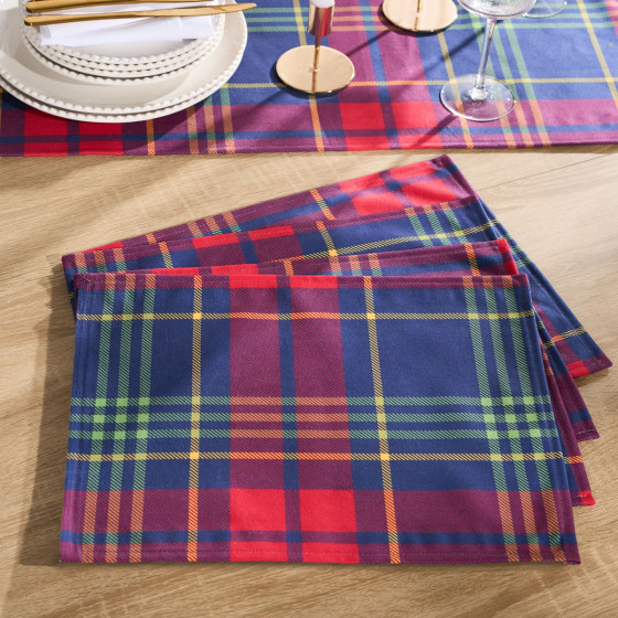 OHS Oxford Check Matte Velvet Table Placemats, Navy/Red - 4 Pack