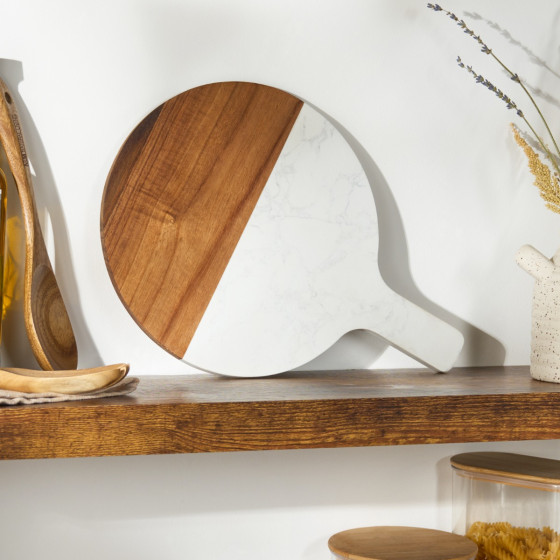 OHS Marble & Acacia Circular Cheeseboard - White/Natural