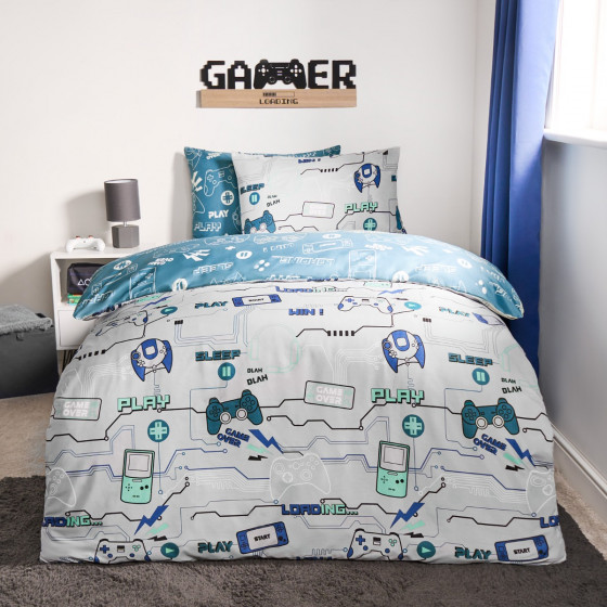 OHS Kids Gaming Console Print Reversible Duvet Cover Set, Grey/Blue - Double