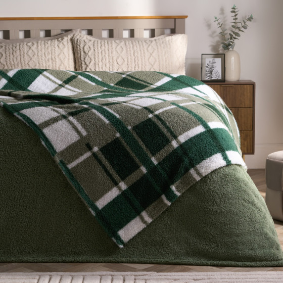 OHS Check Print Teddy Throw, Green - 125 x 150cm