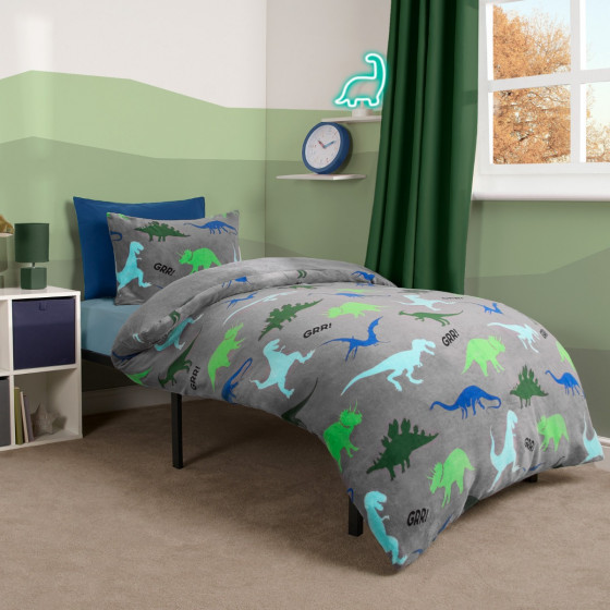 OHS Dino Print Fleece Duvet Set, Grey - Single