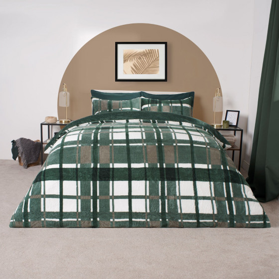 OHS Check Teddy Duvet Set, Forest Green - Super King