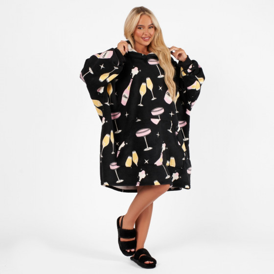 OHS Champagne Print Hoodie Blanket, Black - Adults