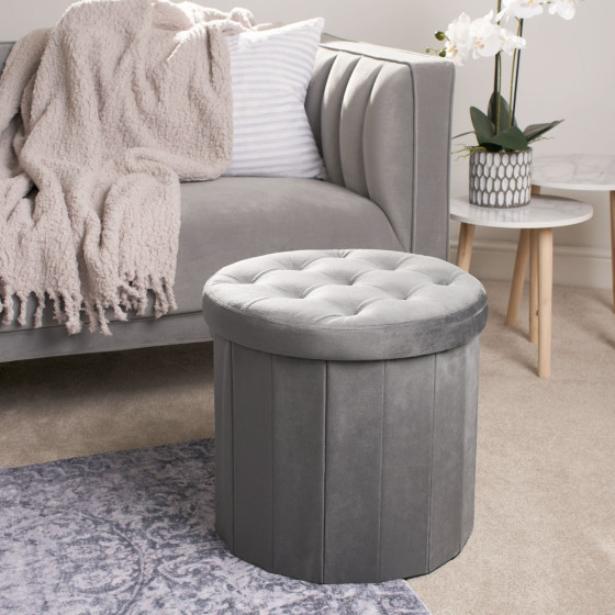 OHS Matte Velvet Foldable Round Storage Ottoman - Charcoal