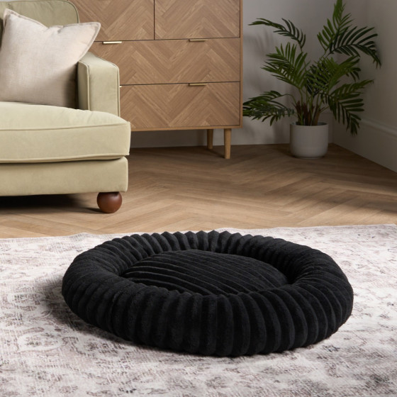 OHS Faux Fur Ribbed Round Pet Bed - Black