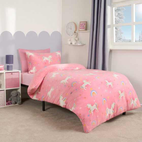 OHS Unicorn Print Fleece Duvet Set, Pink - Junior