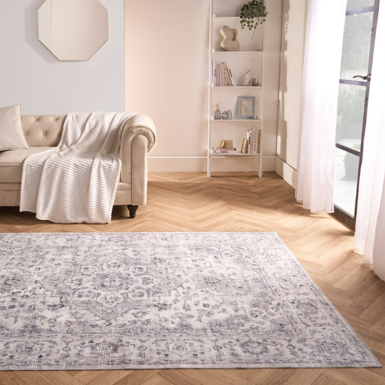 OHS Washable Vintage Printed Rug, Grey - 120 x 170 cm