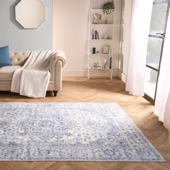 OHS Washable Vintage Printed Rug, Blue - 120 x 170 cm