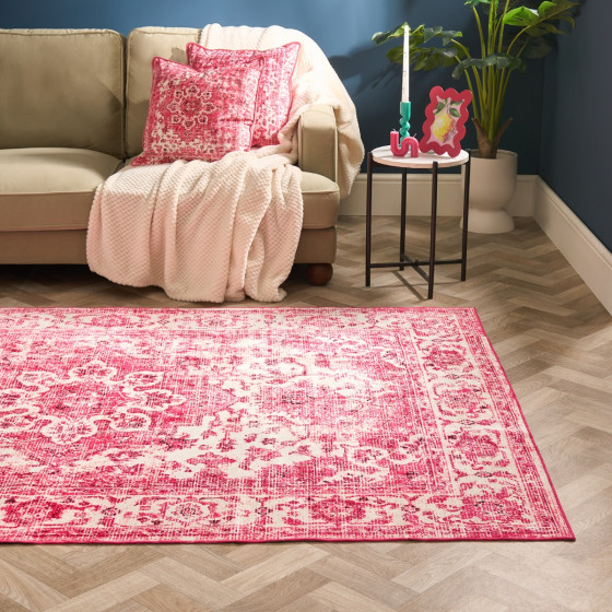 OHS Washable Vintage Printed Rug - Pink