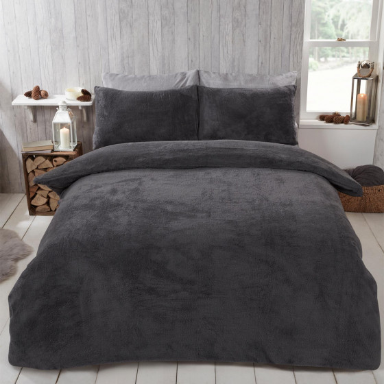 Brentfords Teddy Fleece Duvet Cover Set, Charcoal Double