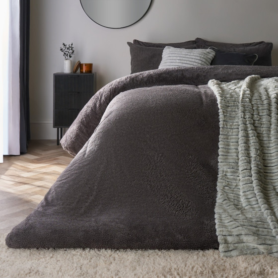 OHS Teddy Fleece Duvet Cover Set, Charcoal - Double