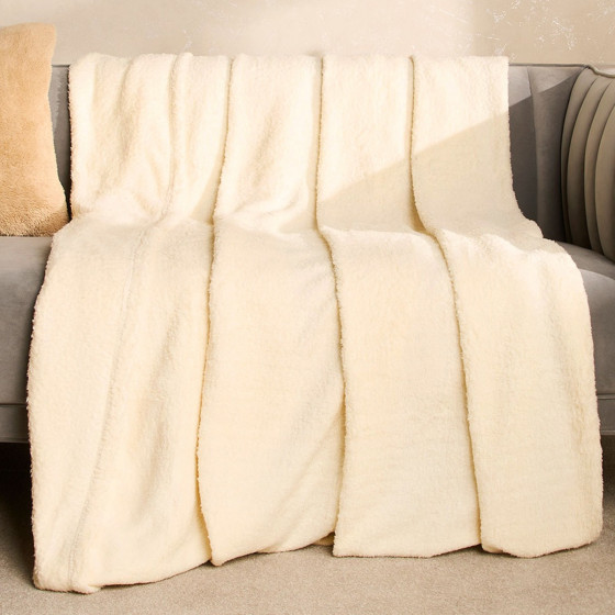OHS Teddy Fleece Blanket Soft Throw Over Bed, Cream - 125 x 150cm