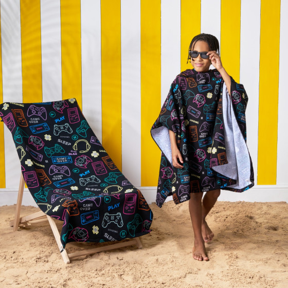 OHS Gaming Print Beach Poncho Towel - Black