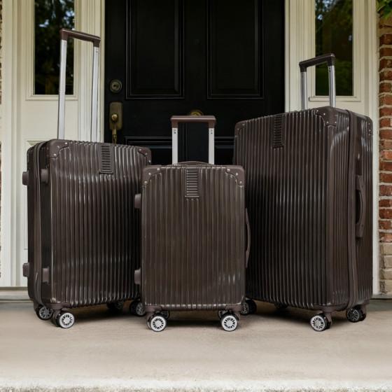 OHS 4 Wheel Hard Shell Metallic Suitcase, Brown - 3 Pack
