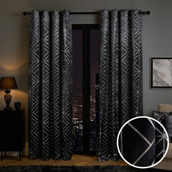 OHS Metallic Geo Print Velvet Eyelet Curtains, Charcoal - 66 x 90"
