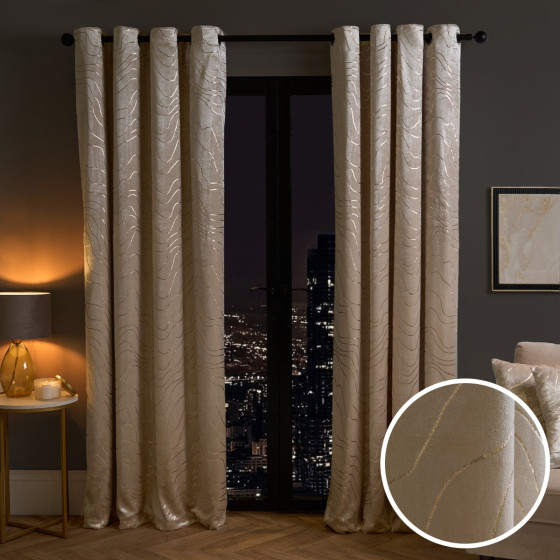 OHS Metallic Wave Print Velvet Eyelet Curtains, Natural - 66 x 90"