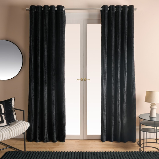 OHS Ribbed Fleece Thermal Eyelet Curtains, Black - 66 x 72in