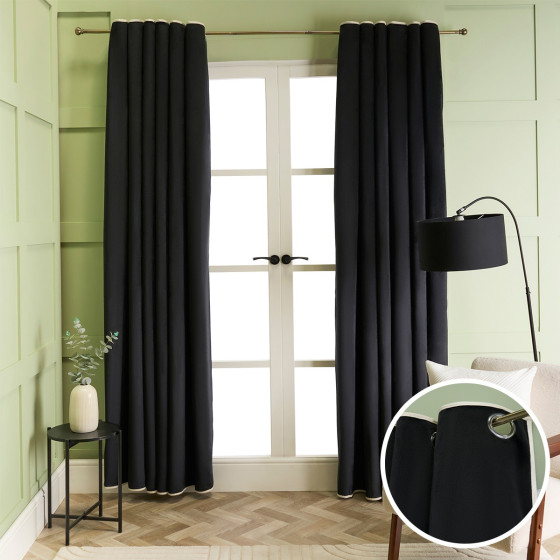 OHS Piped Edge Velvet Eyelet Curtains, Black/Cream - 66 x 72in