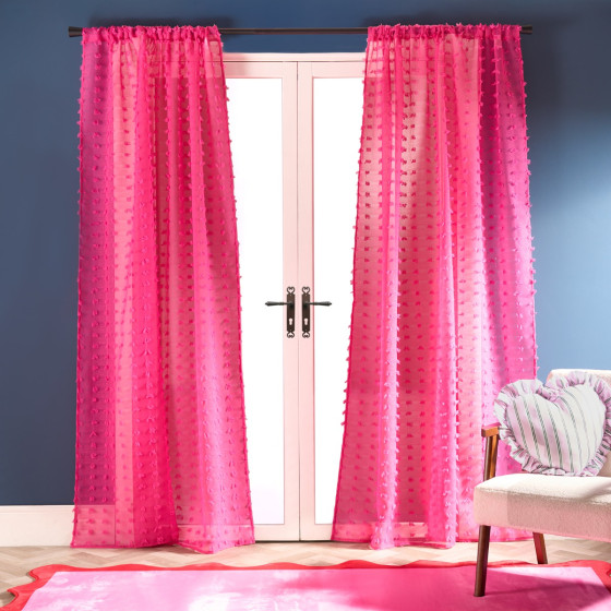 OHS Pompom Tufted Voile Curtains - Hot Pink