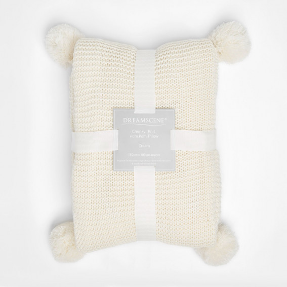Dreamscene Large Chunky Knit Pom Pom Throw, Cream 150 x 180cm