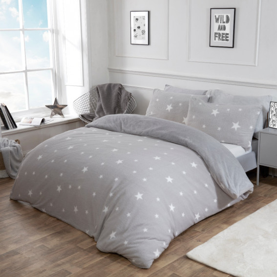 Dreamscene Star Teddy Fleece Duvet Cover Set Grey