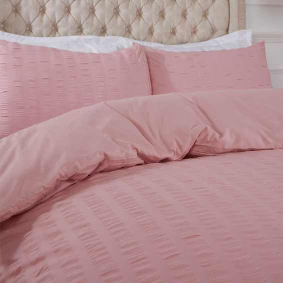 Highams Seersucker Duvet Set Blush Pink