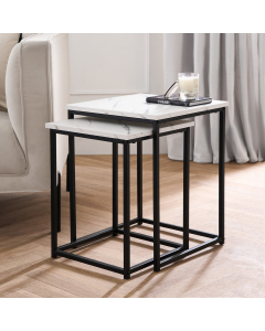 OHS Manhattan Marble Effect Nest of 2 Square Tables - Black/White