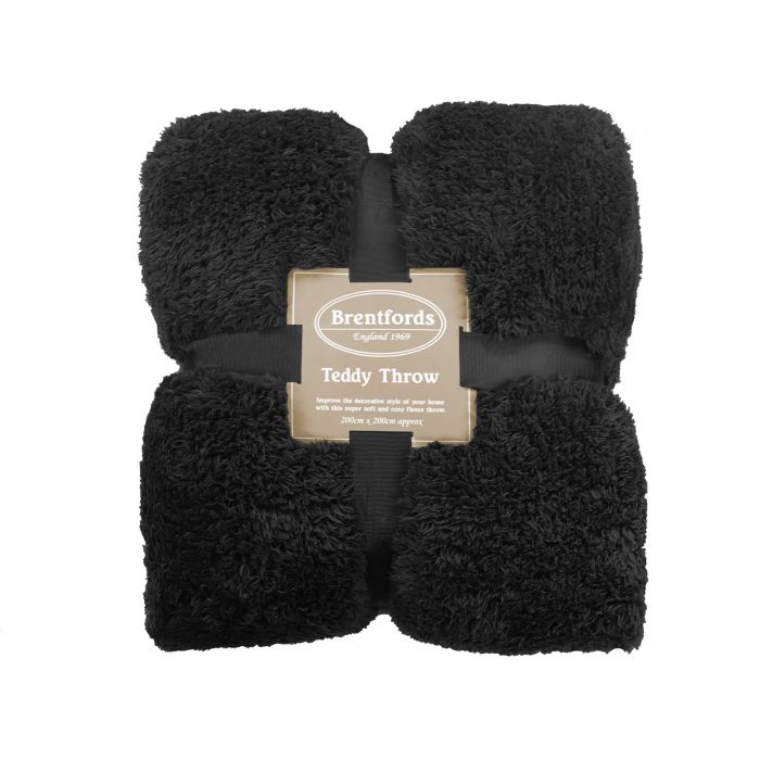 Brentfords Teddy Fleece Throw Over Blanket, Black - 200 x 200cm