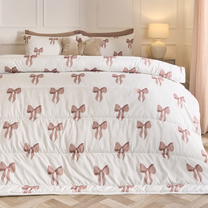 OHS Bow Print Coverless 10.5 Tog Duvet Set - Ivory
