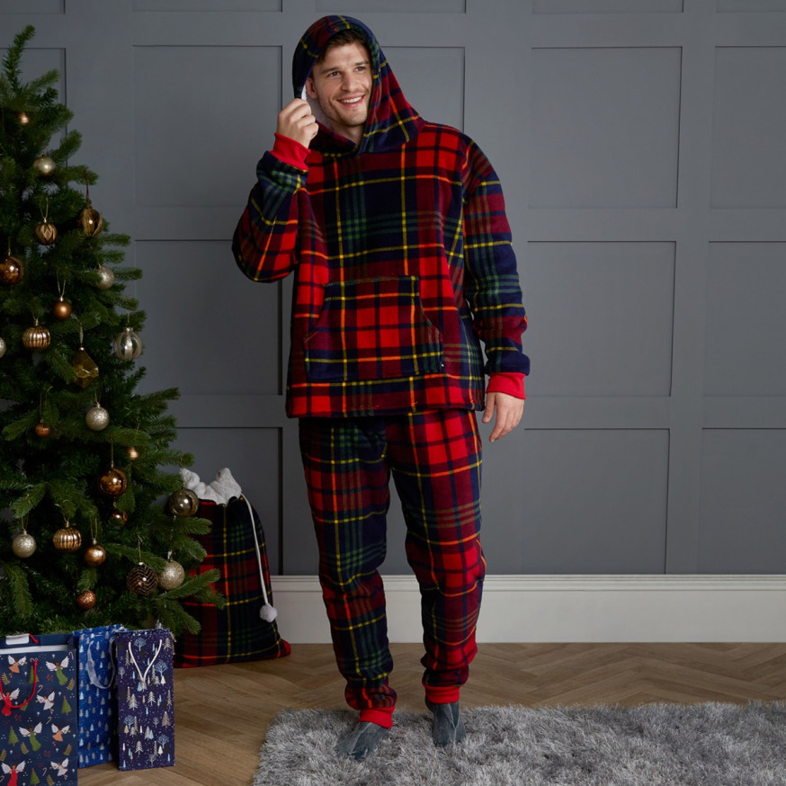 Navy Hoodie & Check Bottoms Pyjamas (2 Piece Set)