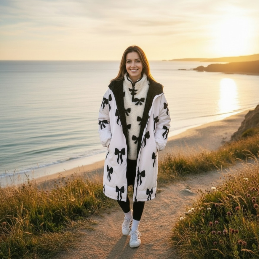 OHS Adult Water Resistant Sherpa Bow Print Drying Robe - Monochrome