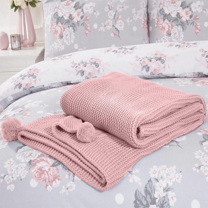 Dreamscene Large Chunky Knit Pom Pom Throw, Blush Pink 150 x 180cm
