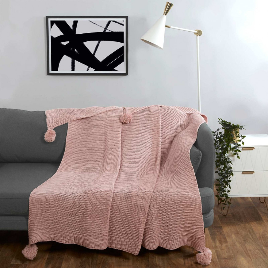 Dreamscene Large Chunky Knit Pom Pom Throw, Blush Pink 150 x 180cm