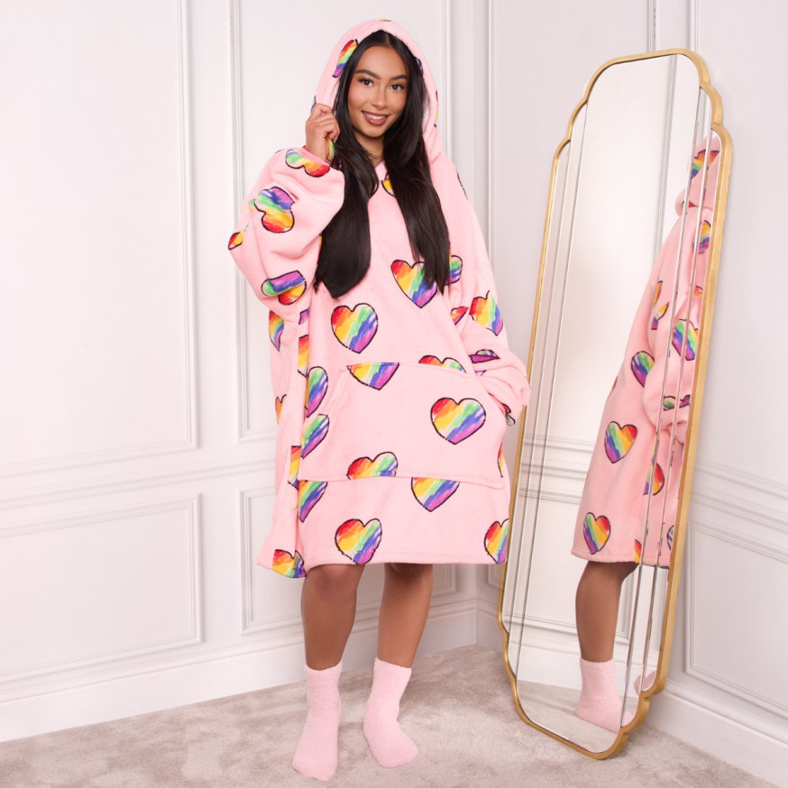 Dreamscene Rainbow Hearts Hoodie Blanket Blush