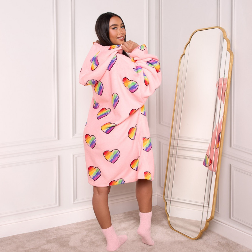 Dreamscene Rainbow Hearts Hoodie Blanket Blush