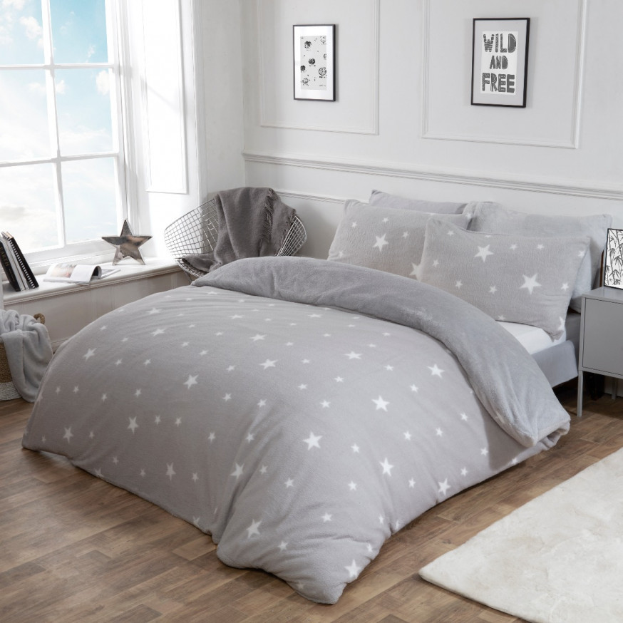 Dreamscene Star Teddy Fleece Duvet Cover Set Grey