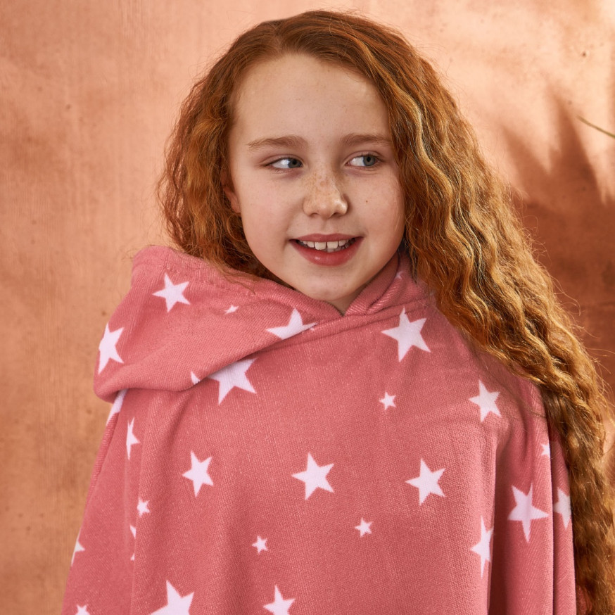 Dreamscene Star Print Hooded Towel Poncho, Blush Pink One Size