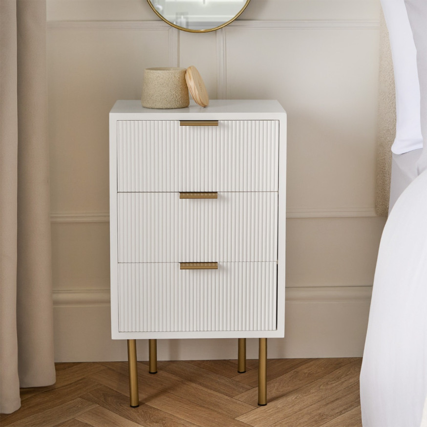 White Ribbed Rounded Bedside Table Perth OHS Ribbed 3-Drawer Bedside Table - White