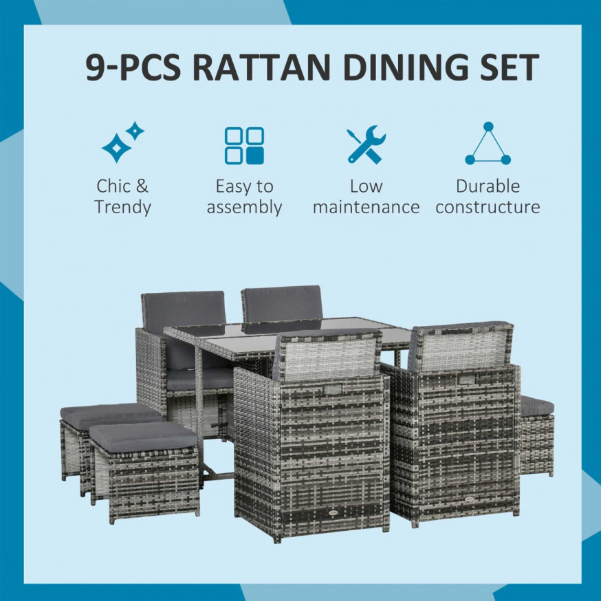 Outsunny Rattan Garden Furniture Cube Set, 8 Seater Grey